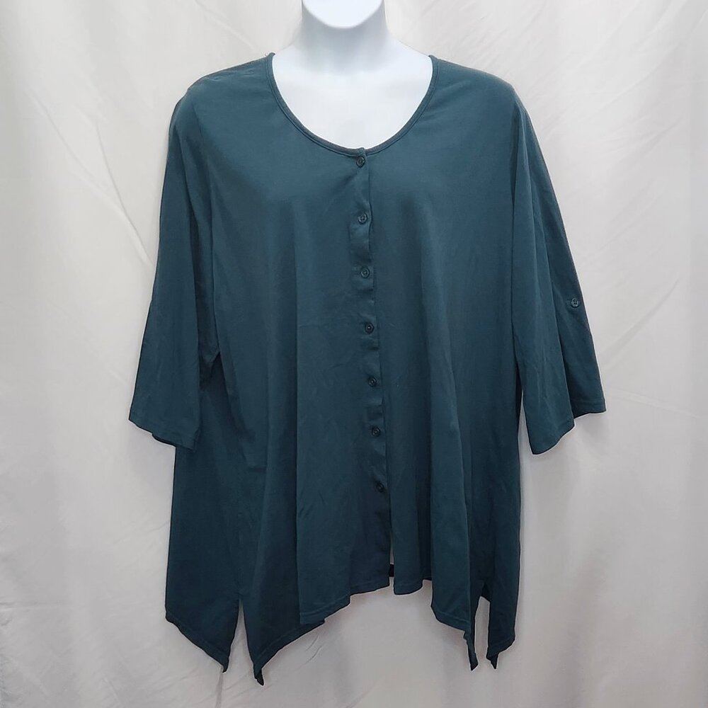 Ellos Button Down Knit Top Womens 3X 30 32 Blue Plus Shirt Roll Tab Sleeves O12